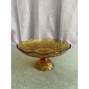 Vintage LE Smith Amber Glass Moon and Star Footed Compote & Taper Candle Holder